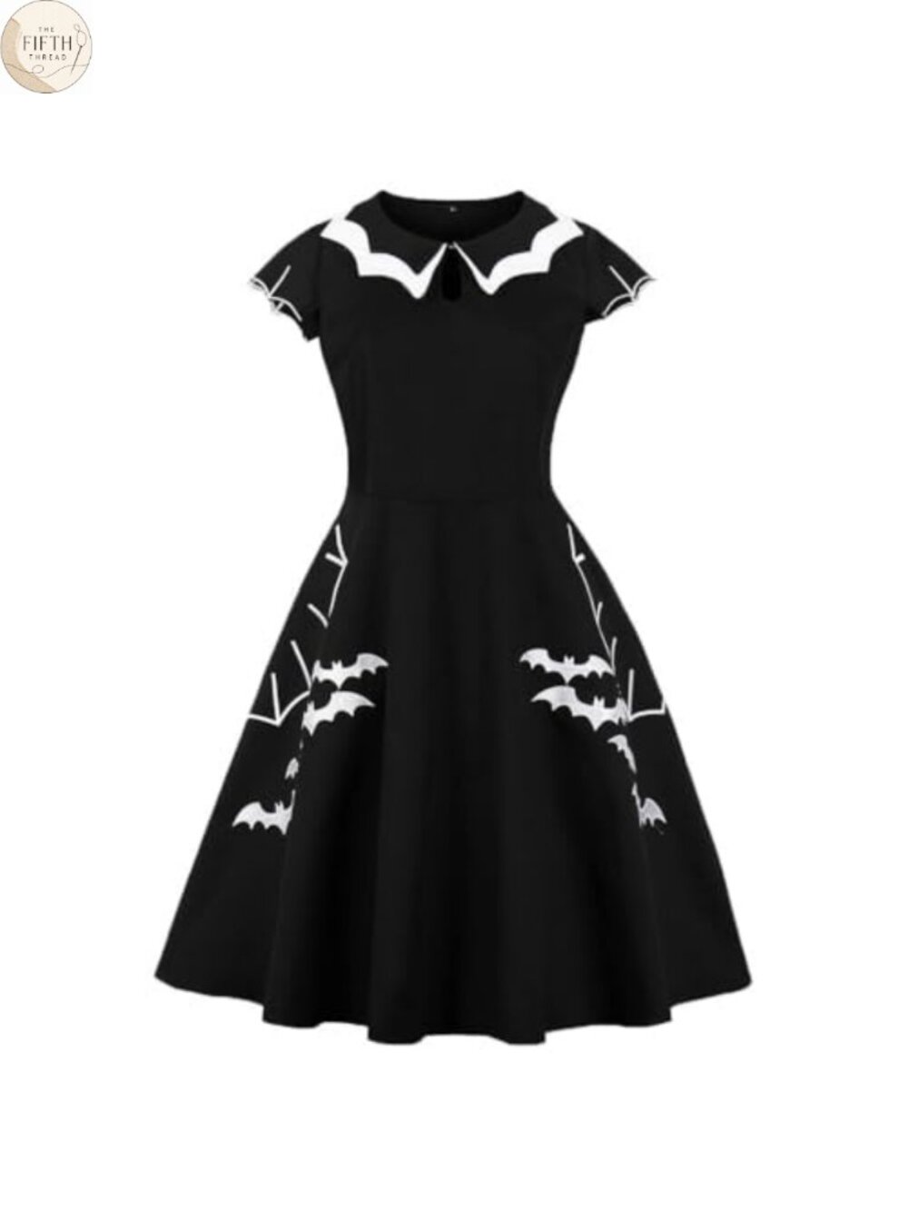 Vintage Bat Spider Web Embroidery Dress Collared Keyhole Fit Flare
